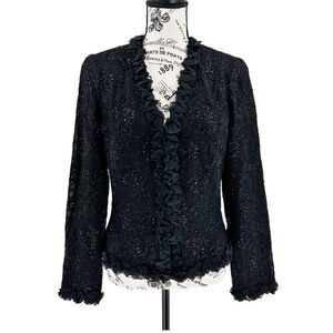 Carmen Valvo Marc Signature Zip Up Floral Beaded Black Blazer Jacket Size 10